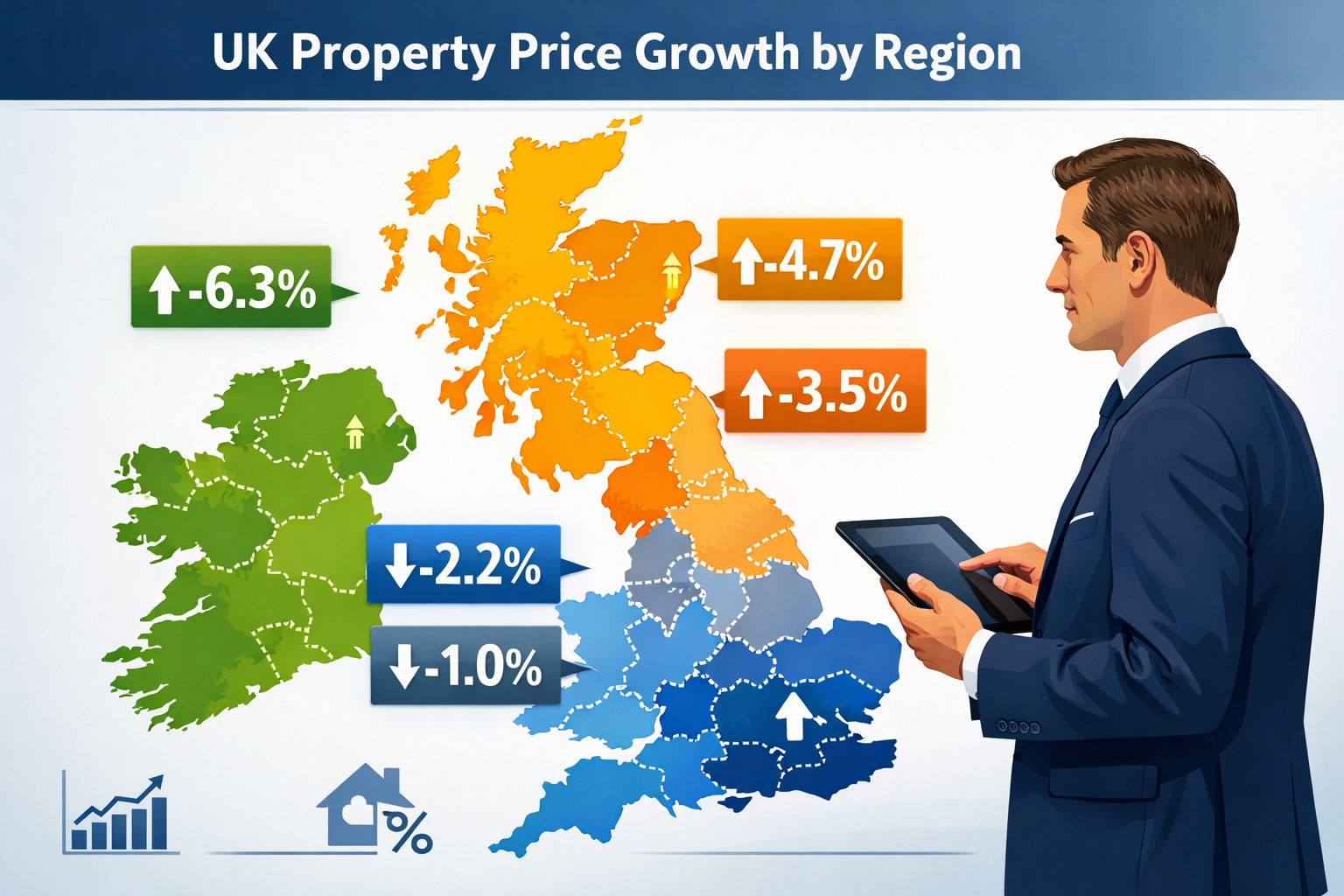 Detailed () infographic showing UK map with color-coded regional heat map displaying property price growth rates by region.