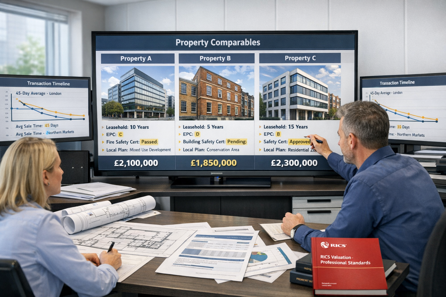 Detailed () professional office scene showing chartered surveyor team conducting comparative market analysis across multiple