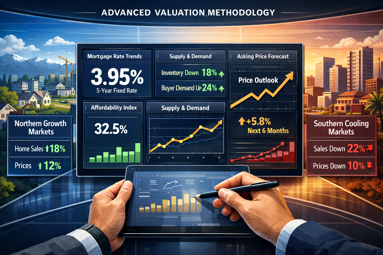 Detailed () conceptual illustration showing advanced valuation methodology workflow. Center displays digital dashboard with