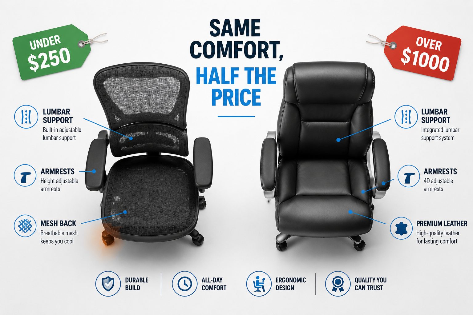 Best Budget Office Chair Landscape format (1536x1024) editorial-style flat-lay comparison image showing two office chairs side by side — a budget mesh chair on the left labeled with a green price tag under $250, and a premium leather executive chair on the right with a red price tag over $1000. Overhead bird's-eye perspective, clean white studio background, feature callout labels pointing to lumbar support, armrests, and mesh back. Bold sans-serif annotation text: 'Same Comfort, Half the Price'. Professional product photography aesthetic, sharp detail, neutral tones with blue accent lines.
Best Budget Office Chair