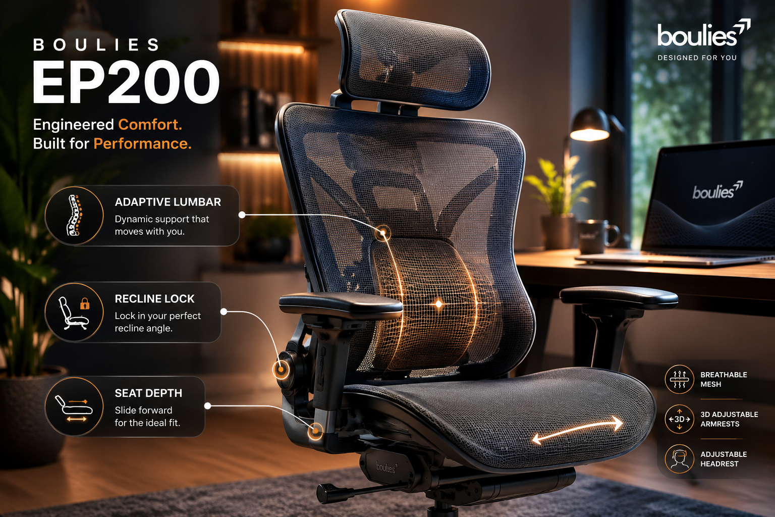Best Budget Office Chair Landscape format (1536x1024) close-up studio shot of the Boulies EP300 mesh office chair from a 45-degree front angle, highlighting the curved breathable mesh backrest, 3D armrests, and adjustable headrest. Soft directional studio lighting casting gentle shadows. Floating callout bubbles pointing to key ergonomic features: adaptive lumbar zone, recline lock, seat depth. Background is a blurred modern office environment with a laptop on a desk. Color scheme: charcoal grey chair, white callout text, warm amber accent lighting. Editorial product review photography quality.
How Budget Chairs Are Closing the Gap in 2026