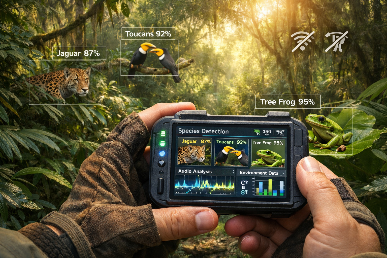 Detailed landscape format (1536x1024) image depicting field ecologist using compact TinyML device in remote rainforest setting. Device scree