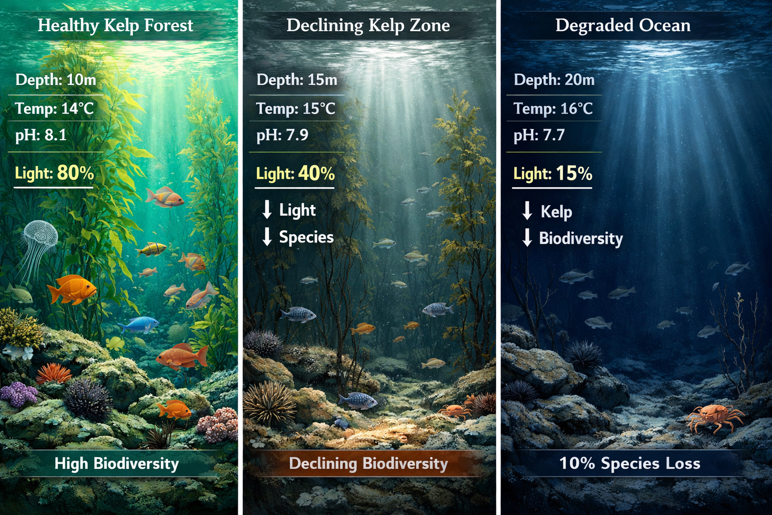 Detailed landscape format (1536x1024) image showing three-panel comparison of marine ecosystem changes. Left panel: healthy kelp forest with