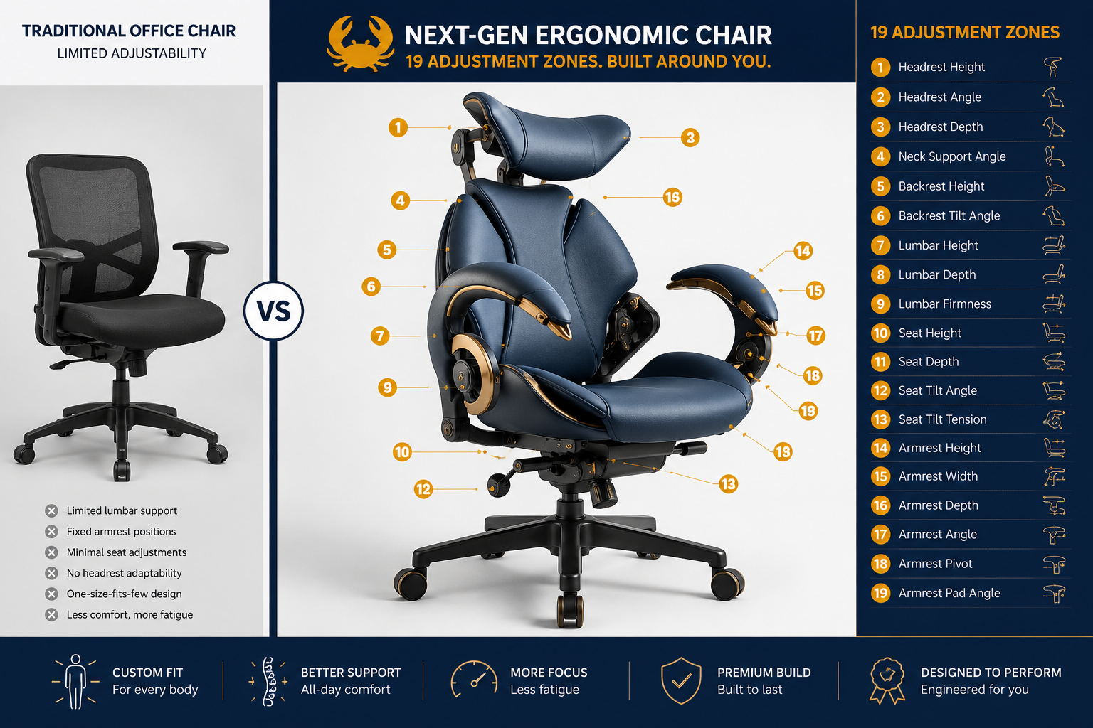 Detailed landscape format (1536x1024) editorial illustration showing a side-by-side comparison of a conventional black office chair versus a bold sculptural ergonomic chair with wide curved armrests resembling crab claws and a distinctive organic silhouette. Numbered callout arrows point to 19 labeled adjustment zones on the crab-like chair, including lumbar depth, seat tilt, armrest height, and headrest angle. Clean infographic style with navy blue, white, and amber accent colors. Studio lighting, product photography quality, modern sans-serif labels.

Fully Adjustable Office Chair