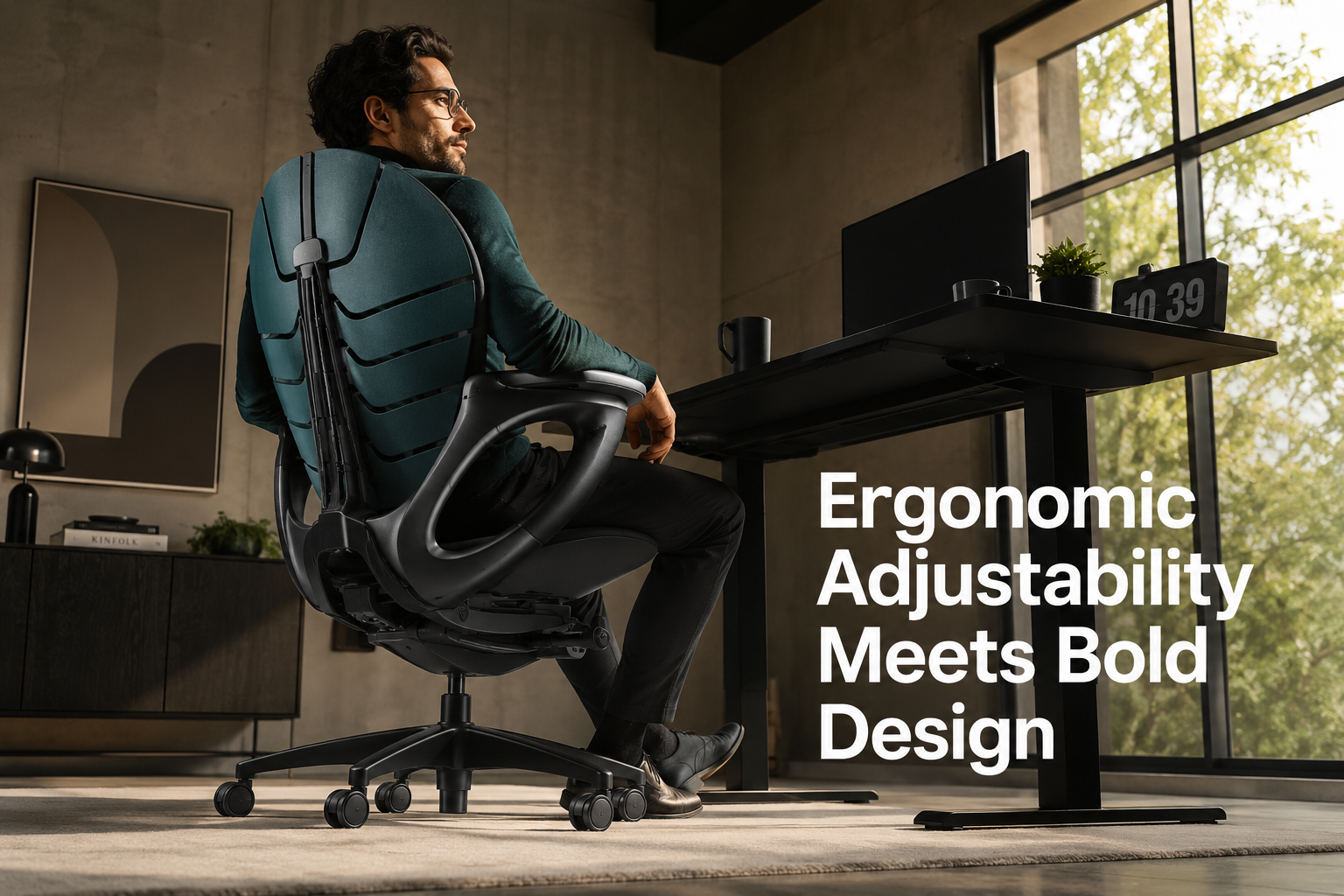 Detailed landscape format (1536x1024) concept image showing a professional seated comfortably in a uniquely designed ergonomic office chair with wide sweeping armrests and a sculptural back support resembling a crab shell, photographed from a low angle looking up. The workspace features a standing desk, natural light from large windows, and minimalist decor. Overlay text reads 'Ergonomic Adjustability Meets Bold Design' in bold white sans-serif. Color palette: warm neutrals, deep teal, matte black. Editorial quality, architectural photography style.

Breaking Down 19 Points of Adjustability