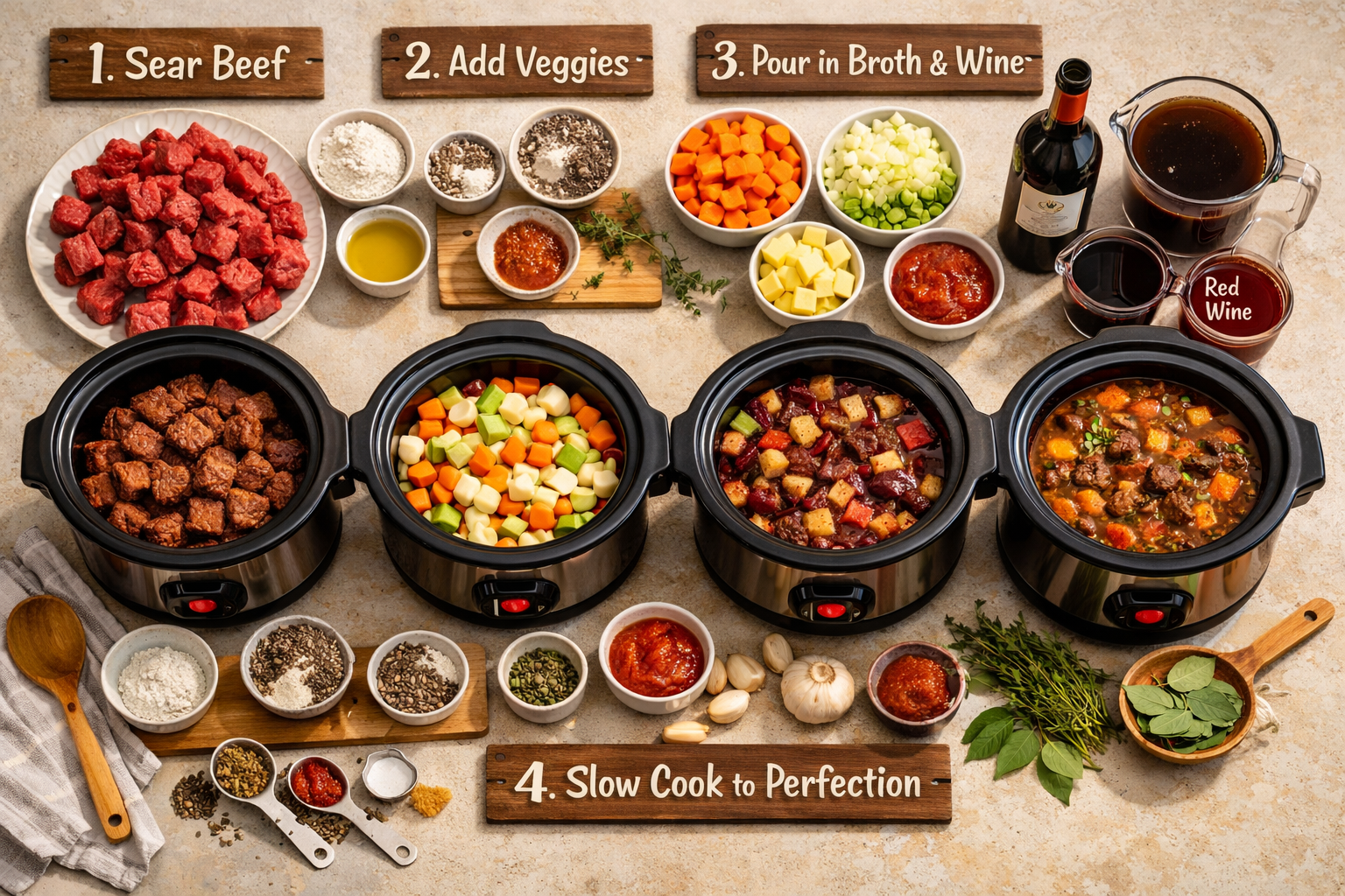 Detailed landscape image (1536x1024) showing step-by-step beef stew preparation process with multiple crock pots in various stages, ingredie