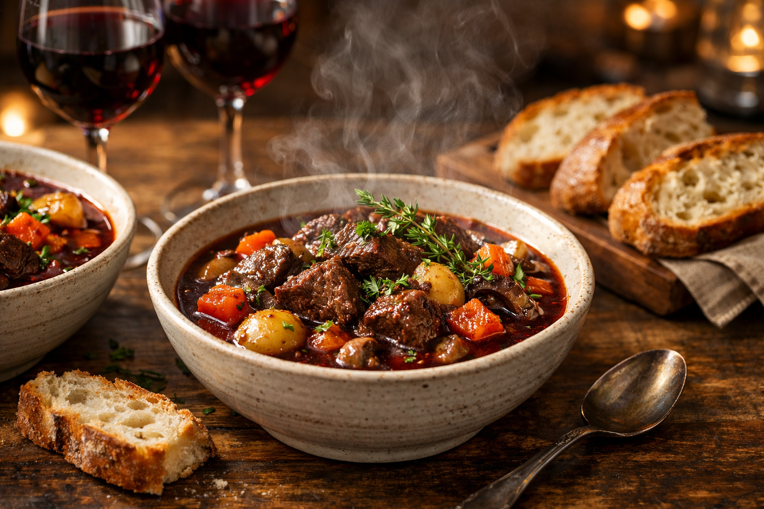 Professional landscape food photography (1536x1024) showcasing finished beef stew with red wine in elegant ceramic bowls, garnished with fre