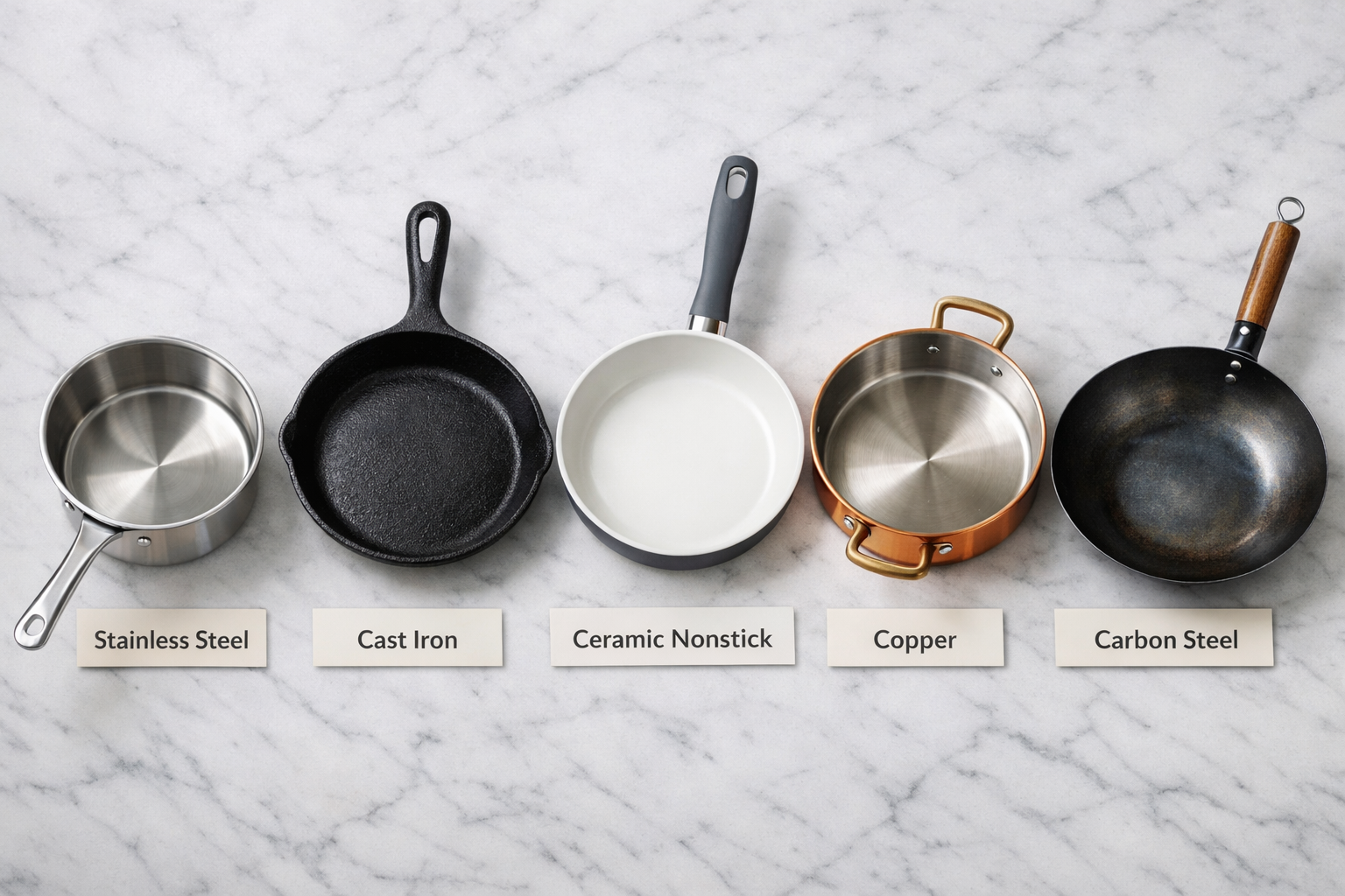 Flat-lay overhead shot (1536x1024) of five different cookware materials side by side on a white marble surface: stainless steel saucepan, black cast iron skillet, ceramic nonstick frying pan, copper sauté pan, and carbon steel wok. Each piece labeled with a small card. Bright, clean kitchen photography style, natural daylight, sharp focus on textures and surface finishes, editorial food photography aesthetic. 