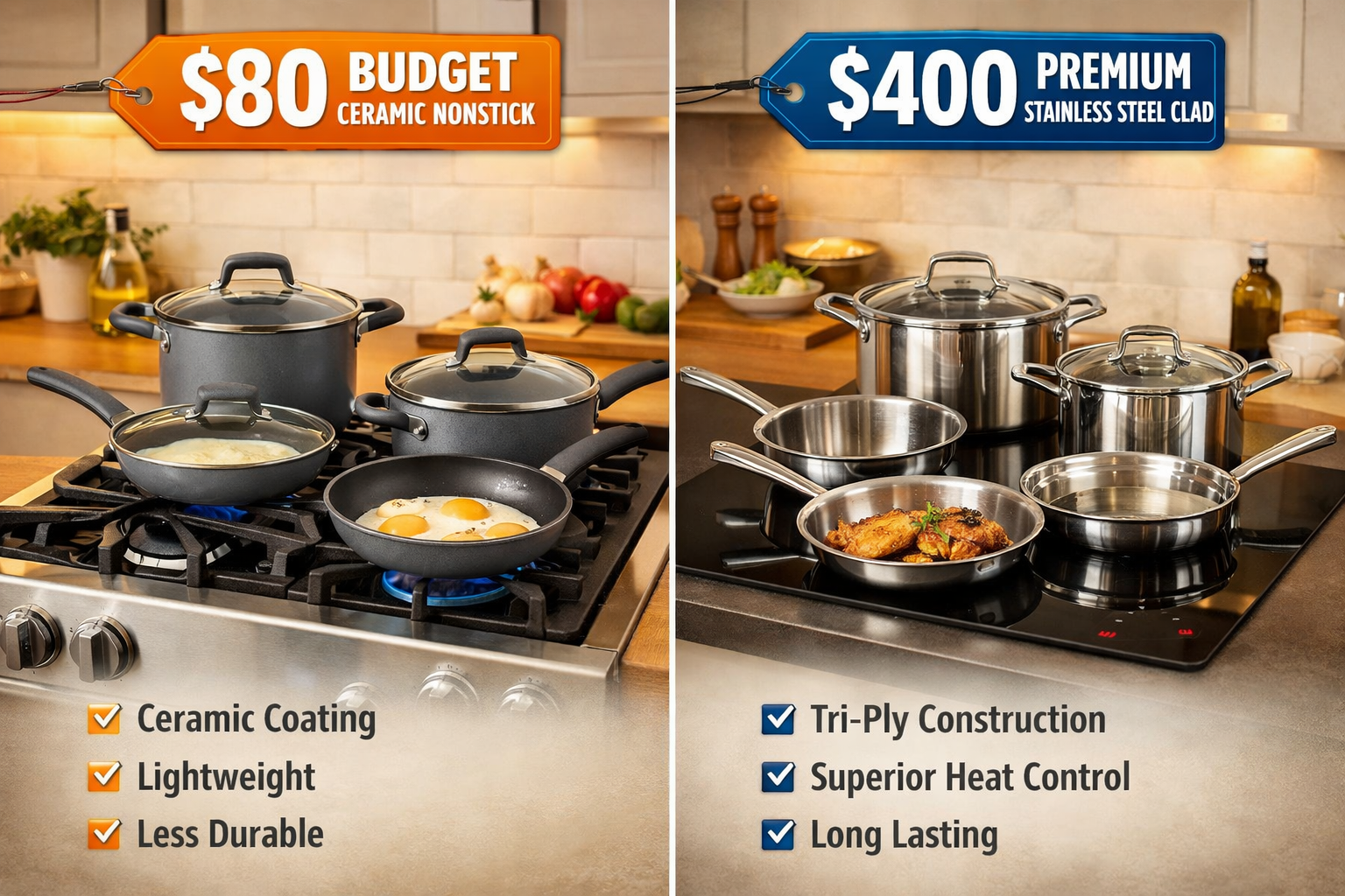 Comparison infographic-style image (1536x1024) showing a split kitchen scene: left side features a budget ceramic nonstick cookware set on a modern gas stove, right side shows a premium stainless steel clad set on an induction cooktop. Price tags visible ($80 vs $400). Warm kitchen lighting, clean modern kitchen background, informational layout with subtle dividing line, professional product photography style.