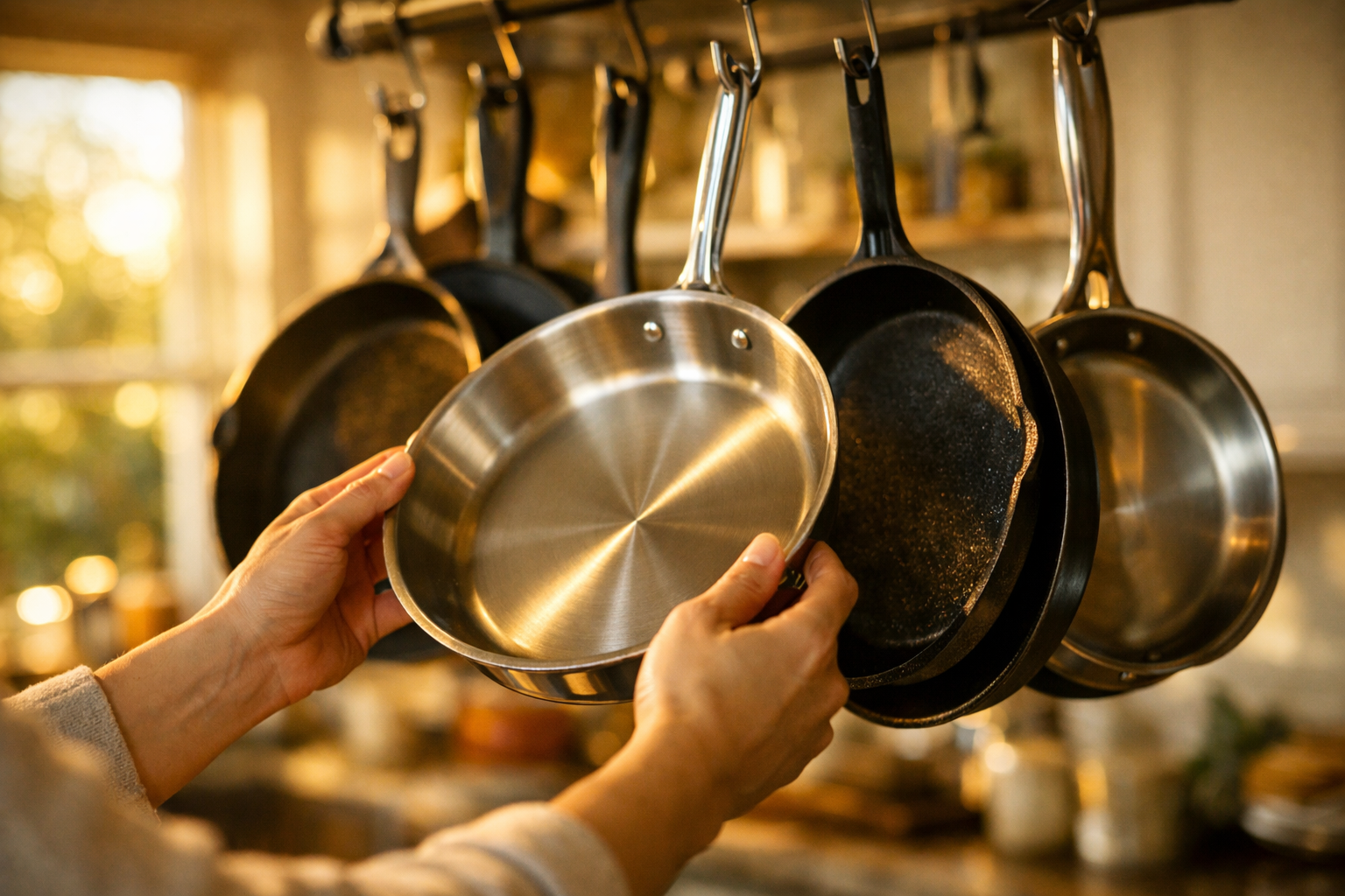 Close-up lifestyle photograph (1536x1024) of a home cook's hands selecting a single stainless steel skillet from a neatly organized pot rack in a bright modern kitchen. Other pans visible in background including cast iron and nonstick. Warm golden hour lighting streaming through a window, shallow depth of field on the chosen pan, aspirational home cooking atmosphere, editorial lifestyle photography quality.