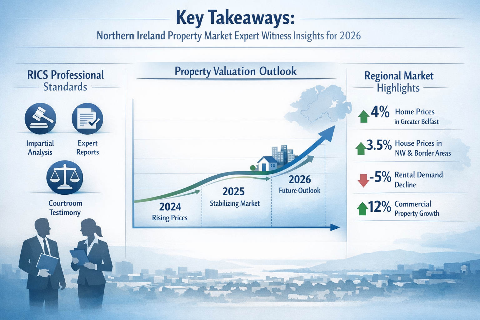 Key Takeaways section infographic visualizing Northern Ireland property market expert witness insights for 2026. Central