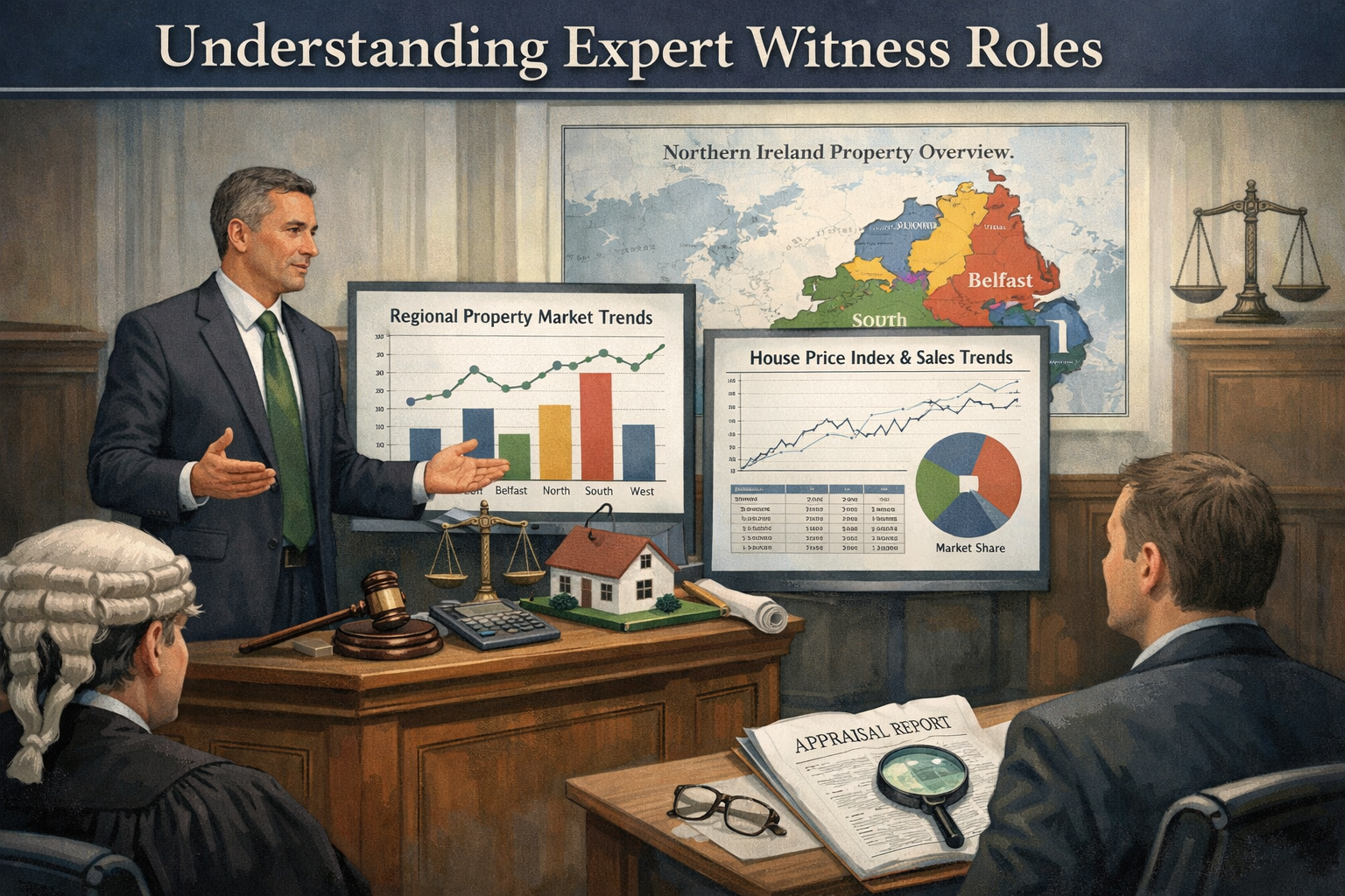 Section on Understanding Expert Witness Roles featuring a sophisticated courtroom-style illustration depicting a