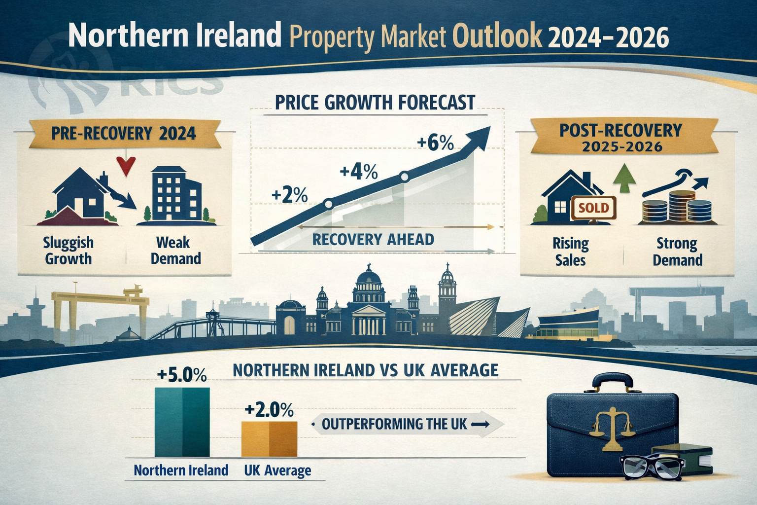 Landscape format (1536x1024) detailed infographic showing Northern Ireland property market performance 2024-2026 with Belfast city silhouett