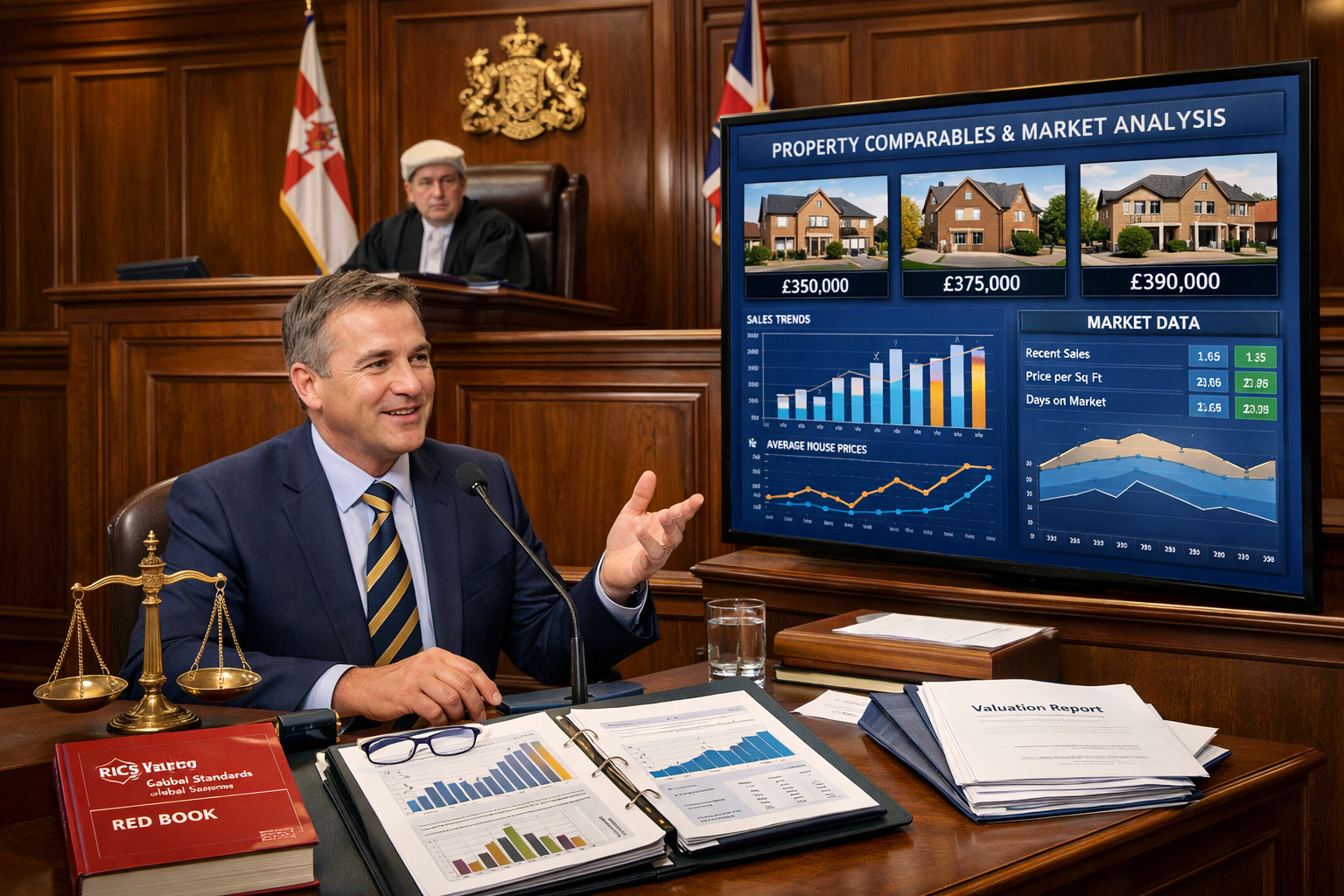 Landscape format (1536x1024) professional courtroom scene showing expert witness stand with chartered surveyor presenting valuation evidence