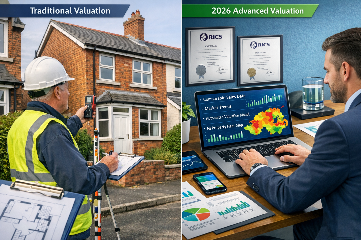 Landscape format (1536x1024) split-screen comparison showing traditional property valuation methods versus 2026 advanced techniques, left si