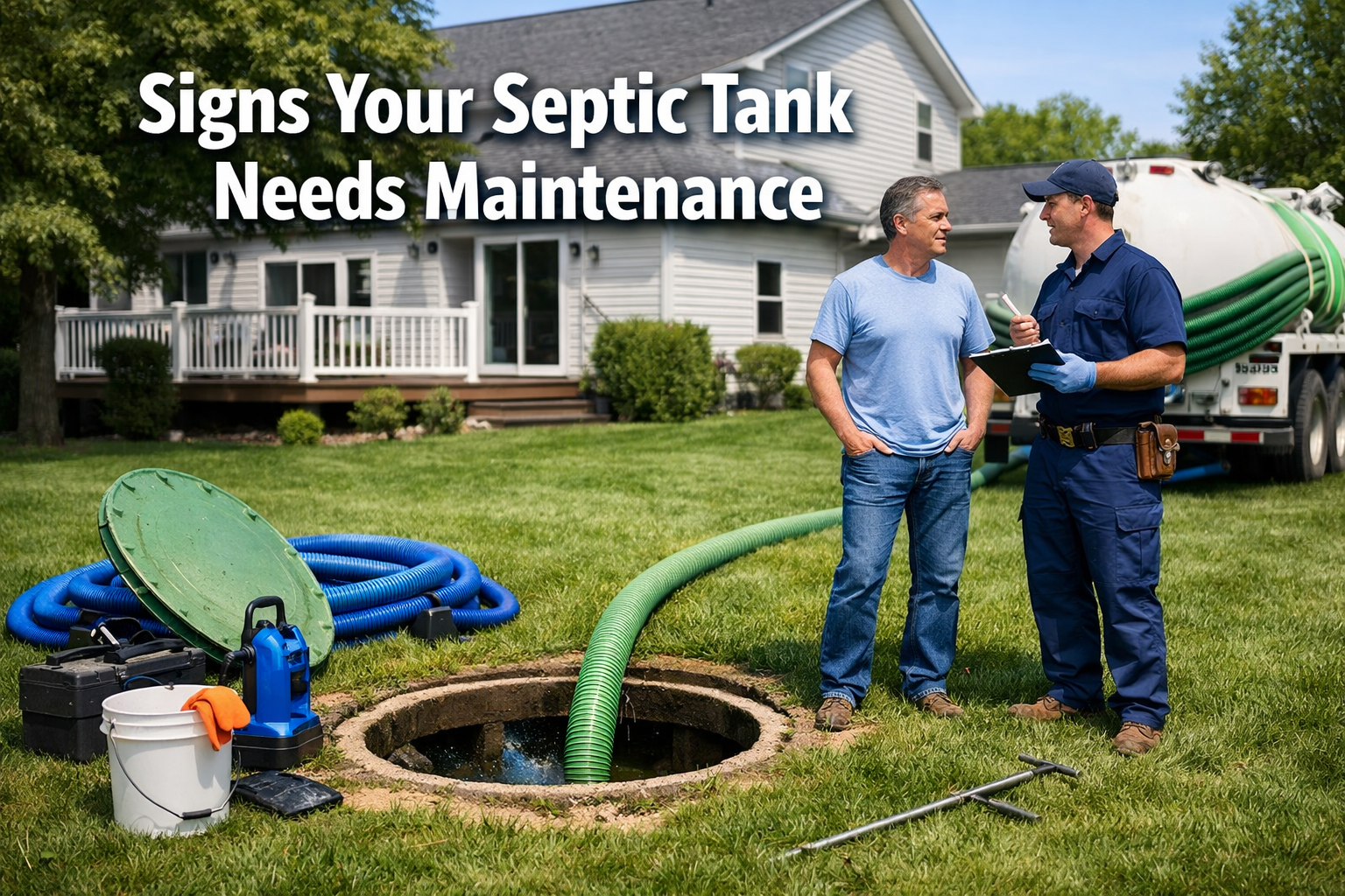 Professional landscape format (1536x1024) hero image featuring bold text overlay 'Signs Your Septic Tank Needs Maintenance' in extra large 7