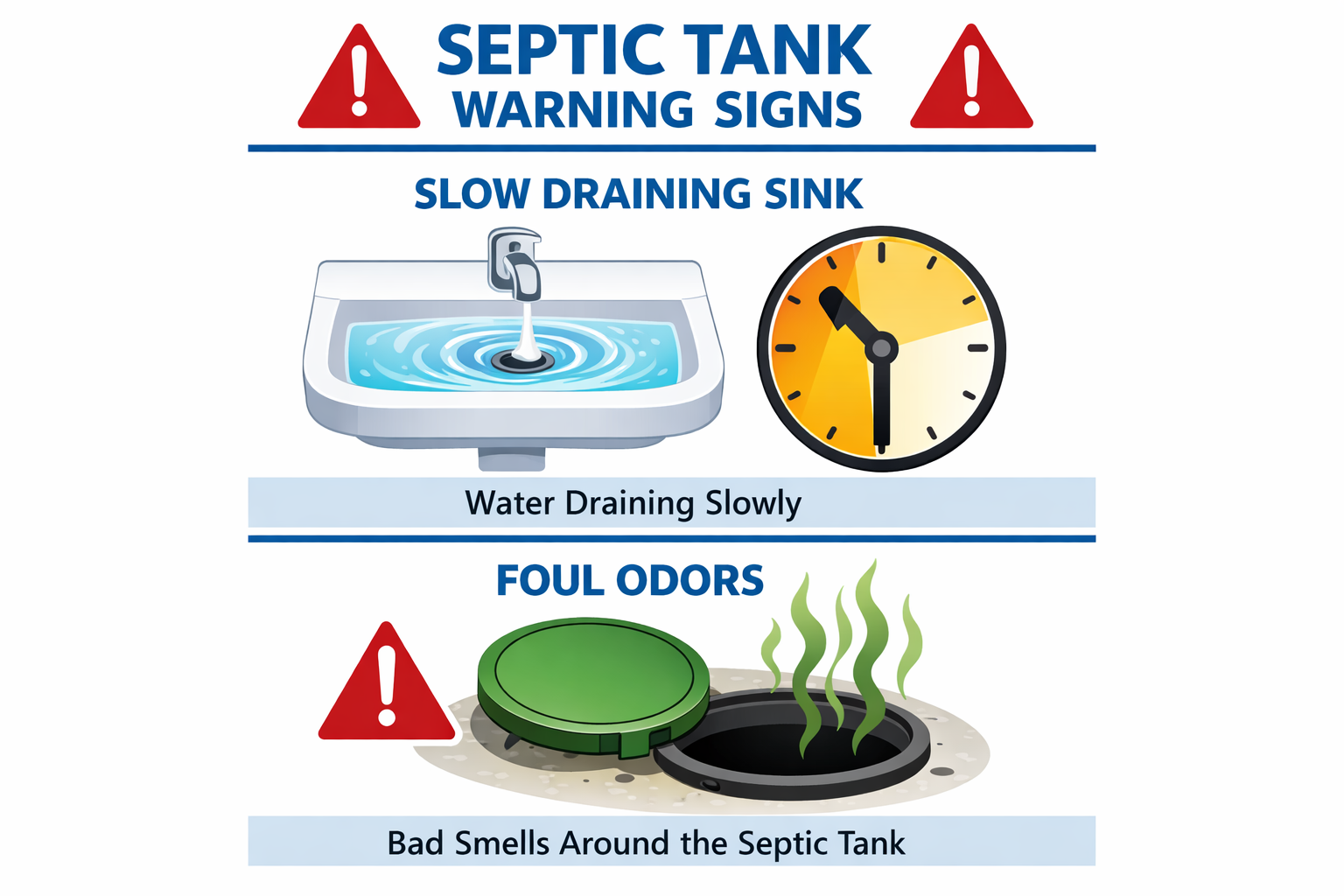 Portrait format (1024x1536) infographic showing visual septic tank warning signs with split-screen layout: top half displays slow draining s