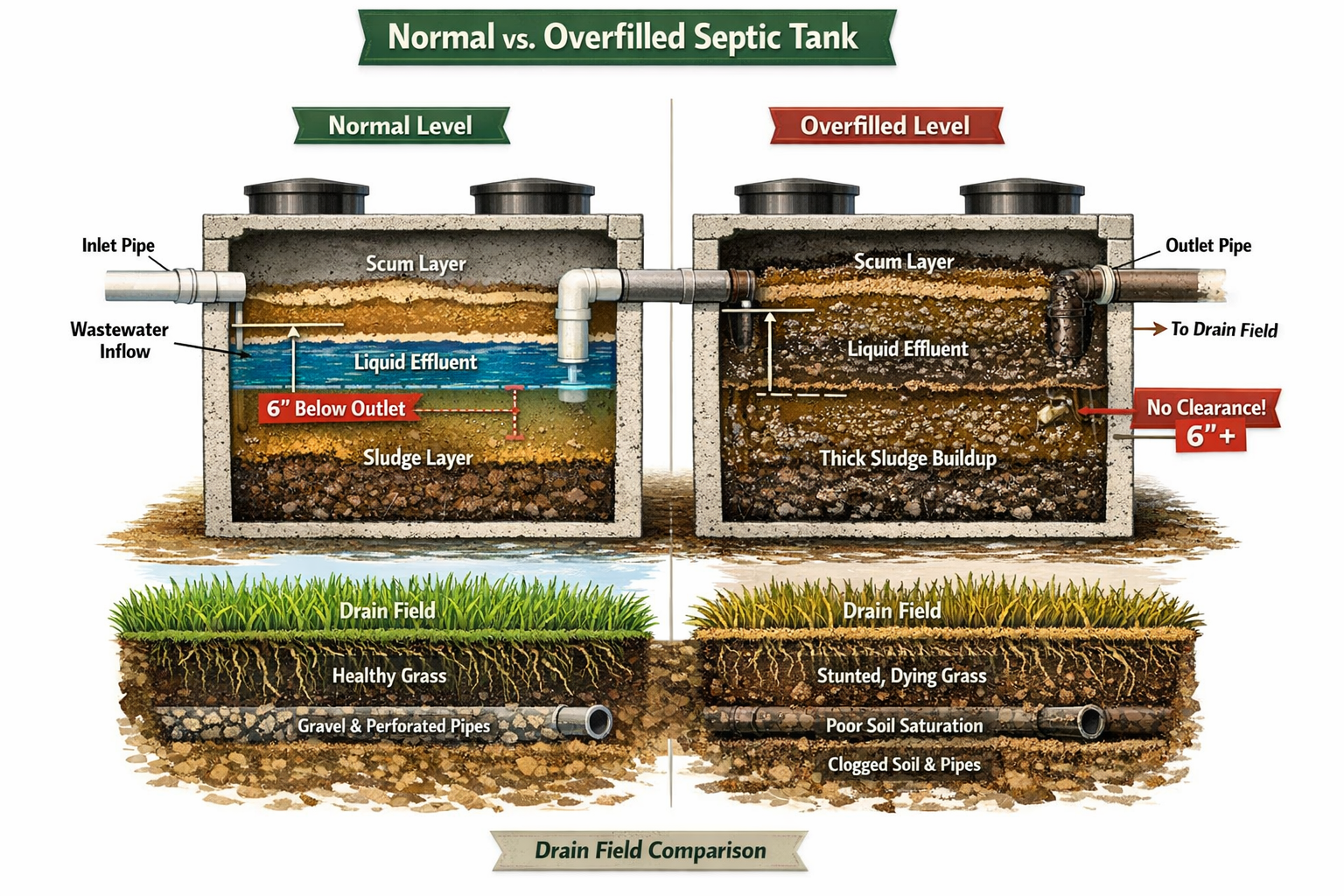 Portrait format (1024x1536) detailed cross-section diagram of septic tank showing sludge buildup levels, with measurement indicators at 6-in