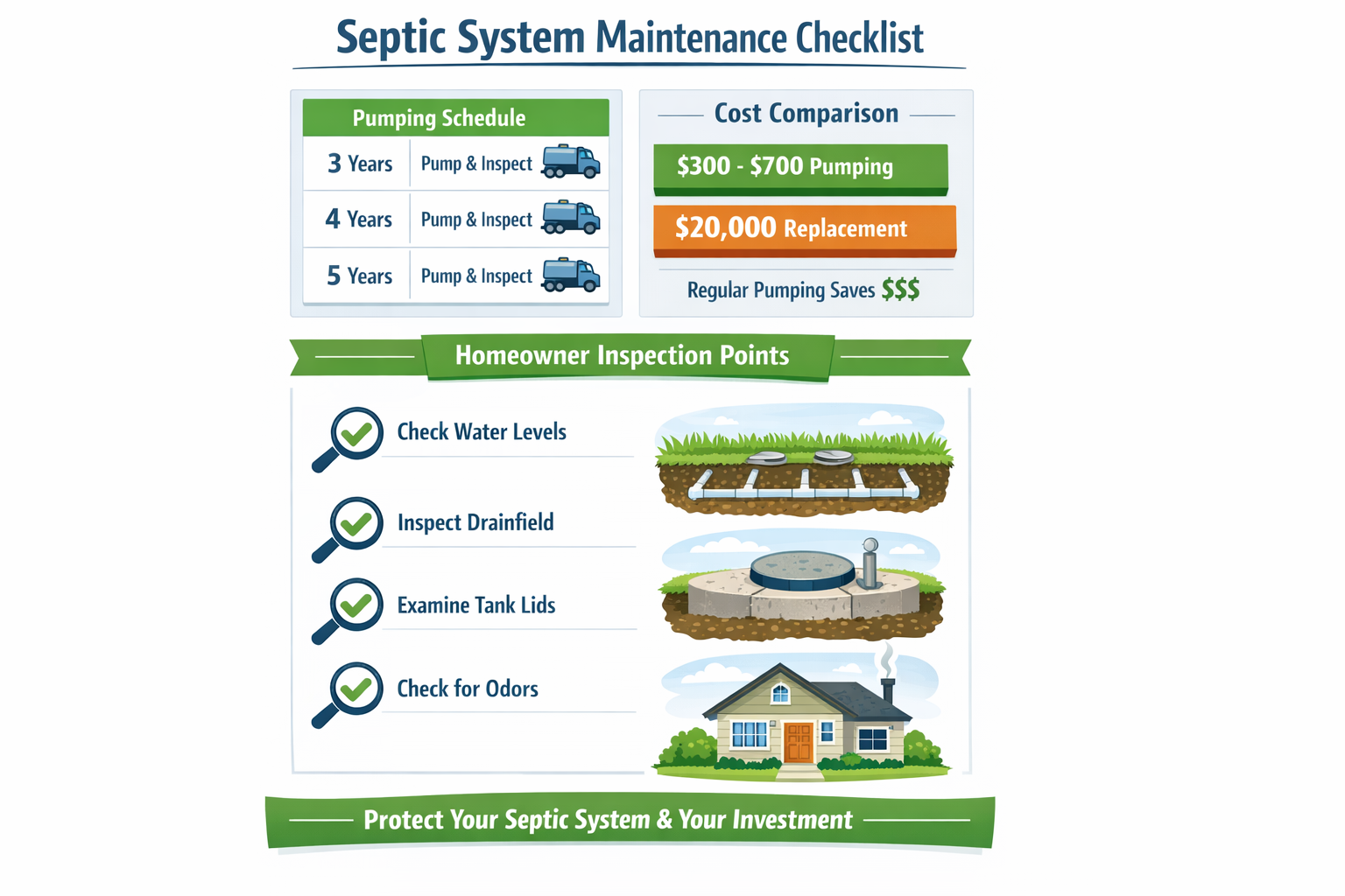 Portrait format (1024x1536) maintenance checklist visualization featuring calendar with 3-5 year pumping schedule, cost comparison chart sho