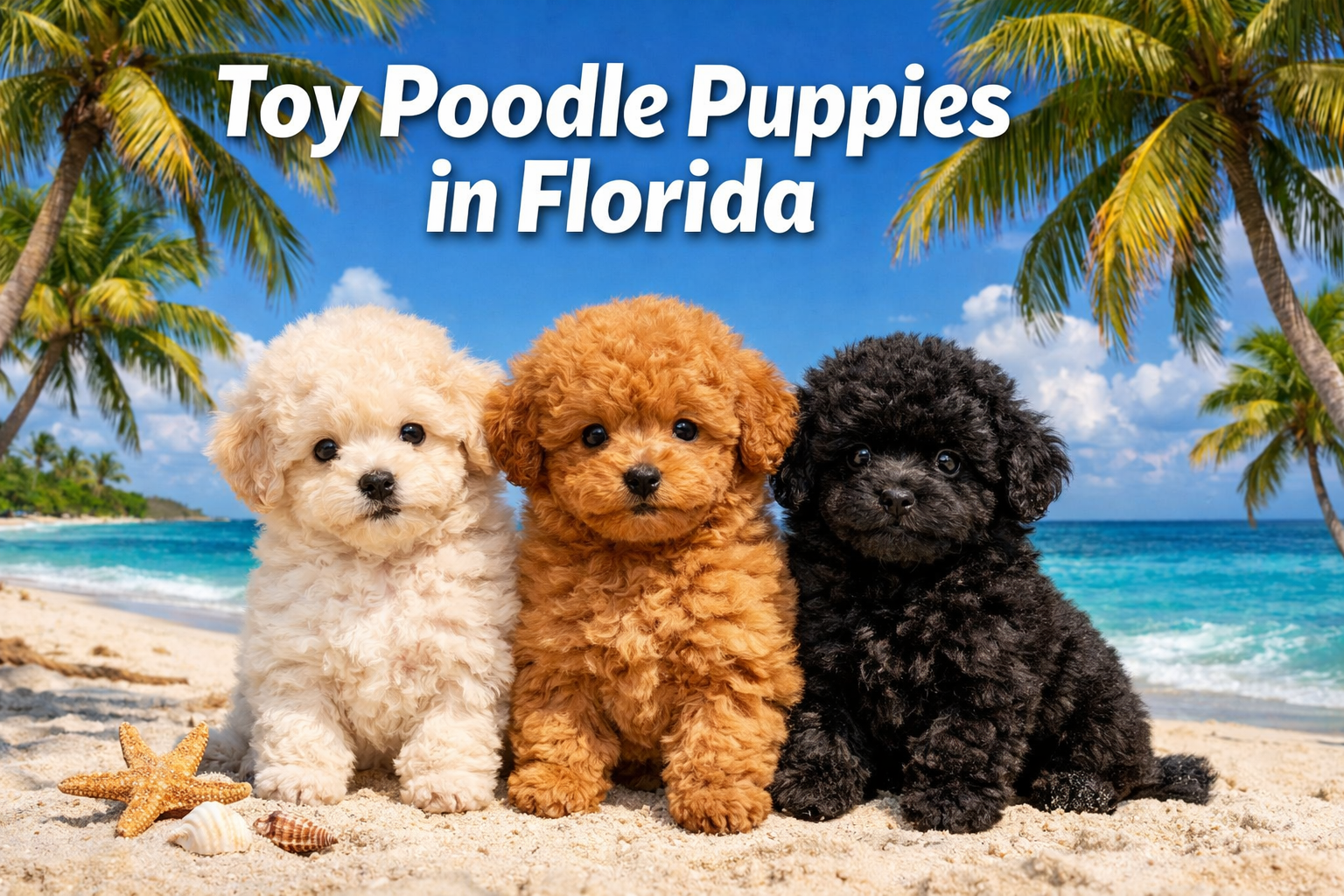 Professional landscape hero image (1536x1024) featuring adorable toy poodle puppies with fluffy curly coats in cream, apricot, and black col