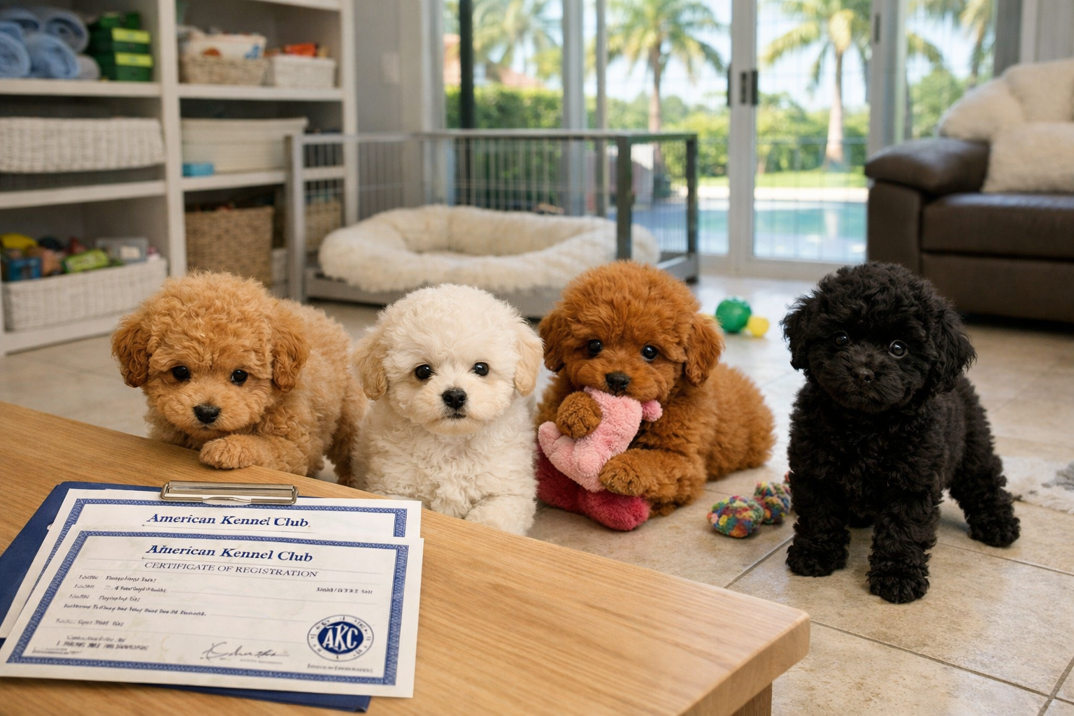 High-quality photograph showing multiple toy poodle puppies of different colors (apricot, cream, black, red) playing in a modern Florida hom