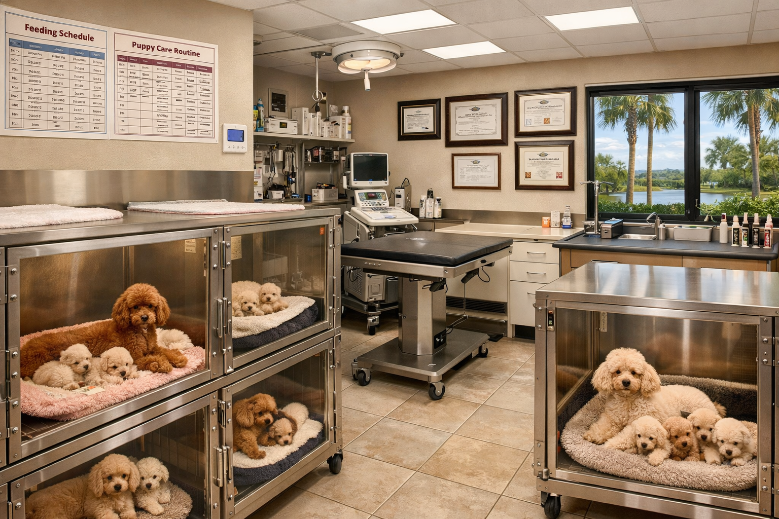 Professional breeder facility in Florida showing clean, spacious kennels with toy poodle mothers and puppies, health testing certificates on