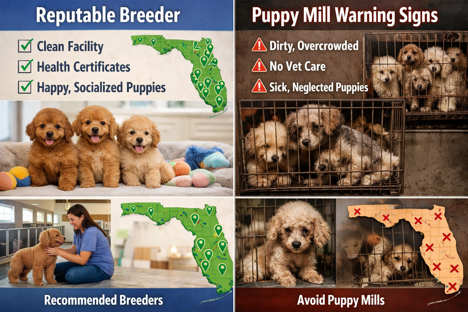 Split-screen comparison image showing reputable toy poodle breeder on left (clean facility, health certificates, happy puppies) versus puppy