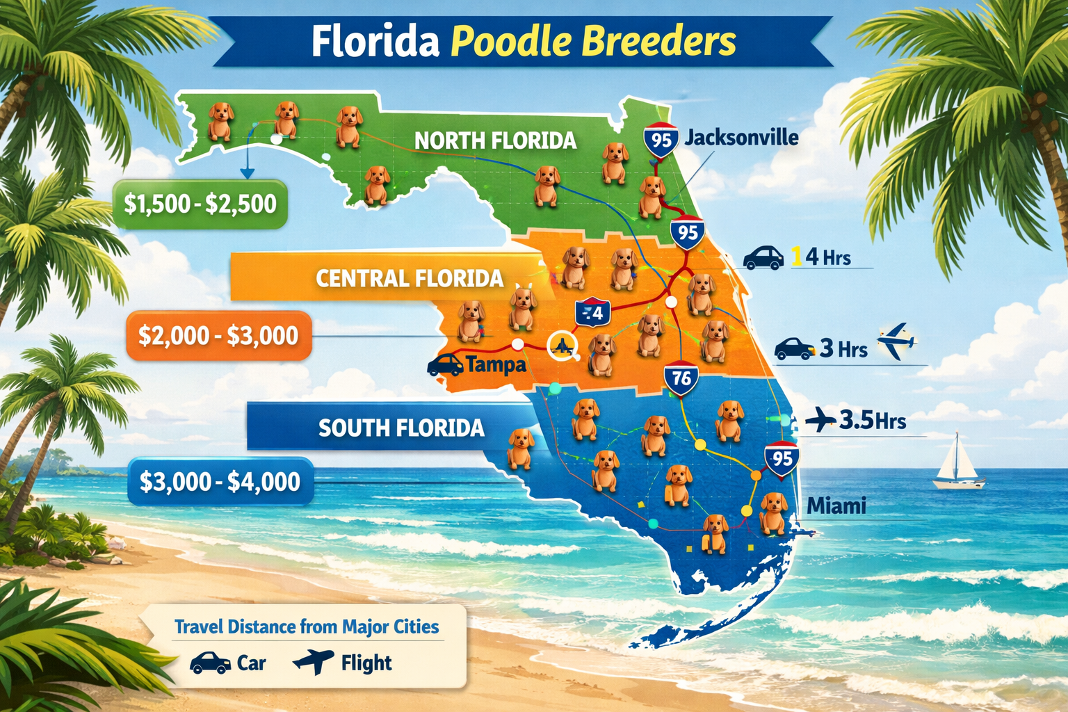 Interactive Florida state map showing different regions (North, Central, South Florida) with toy poodle icons marking breeder locations, pri