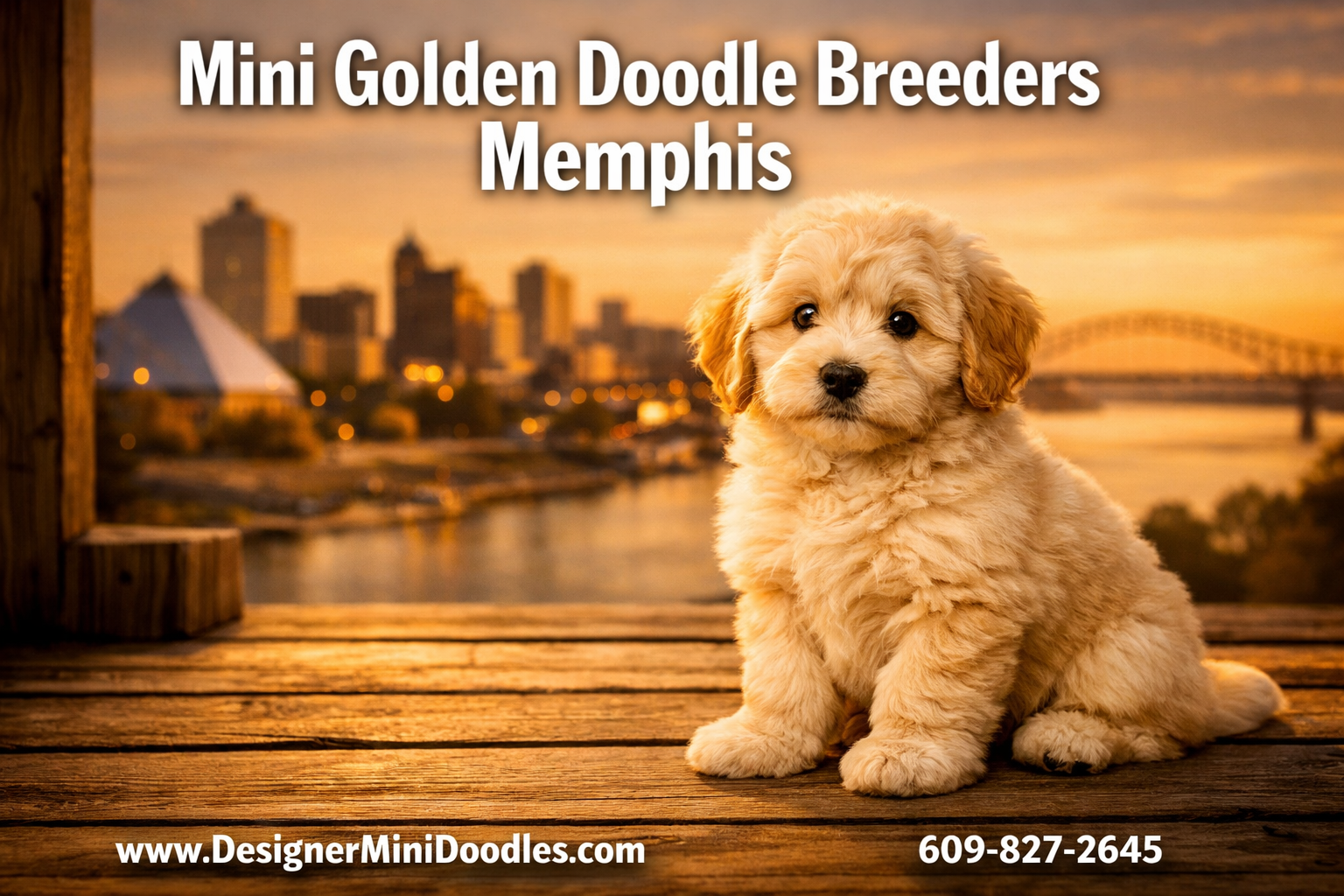 Professional () hero image with : 'Mini Golden Doodle Breeders Memphis' in extra large white with dark drop , centered upper