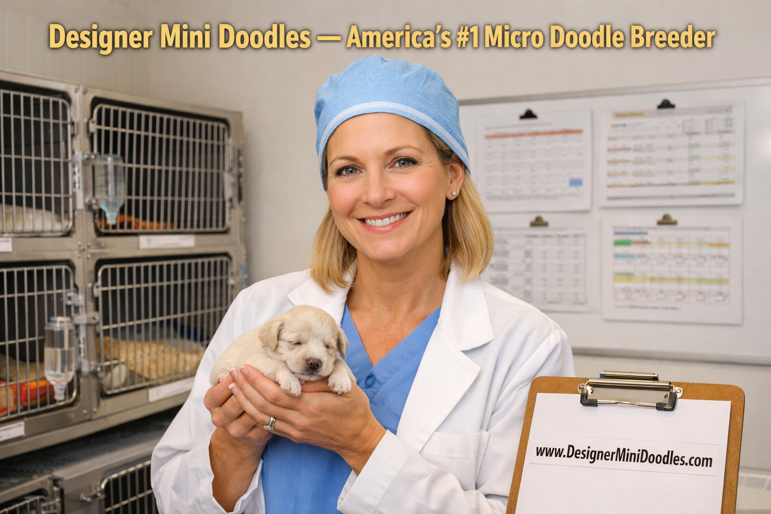 () editorial image showing a professional animal biologist in a clean, bright whelping room holding a tiny cream-colored