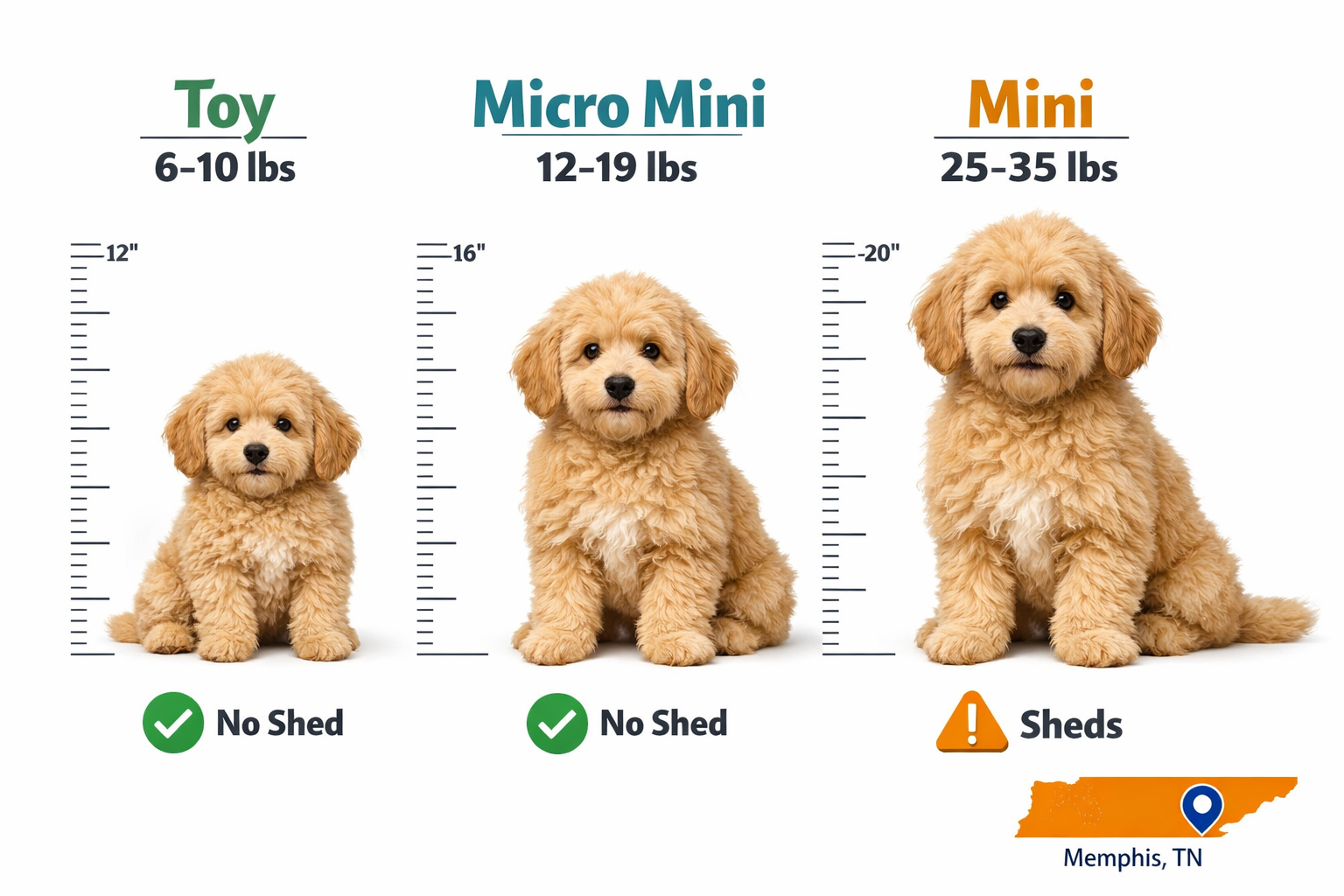 () infographic-style image showing a side-by-side size comparison of three goldendoodle sizes: Toy (6-10 lbs), Micro Mini