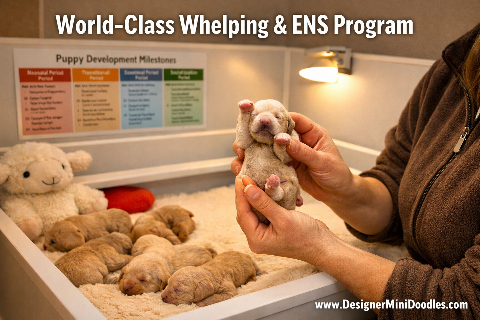 () editorial photo showing a warm, cozy whelping suite with newborn goldendoodle puppies in a clean heated whelping box, a