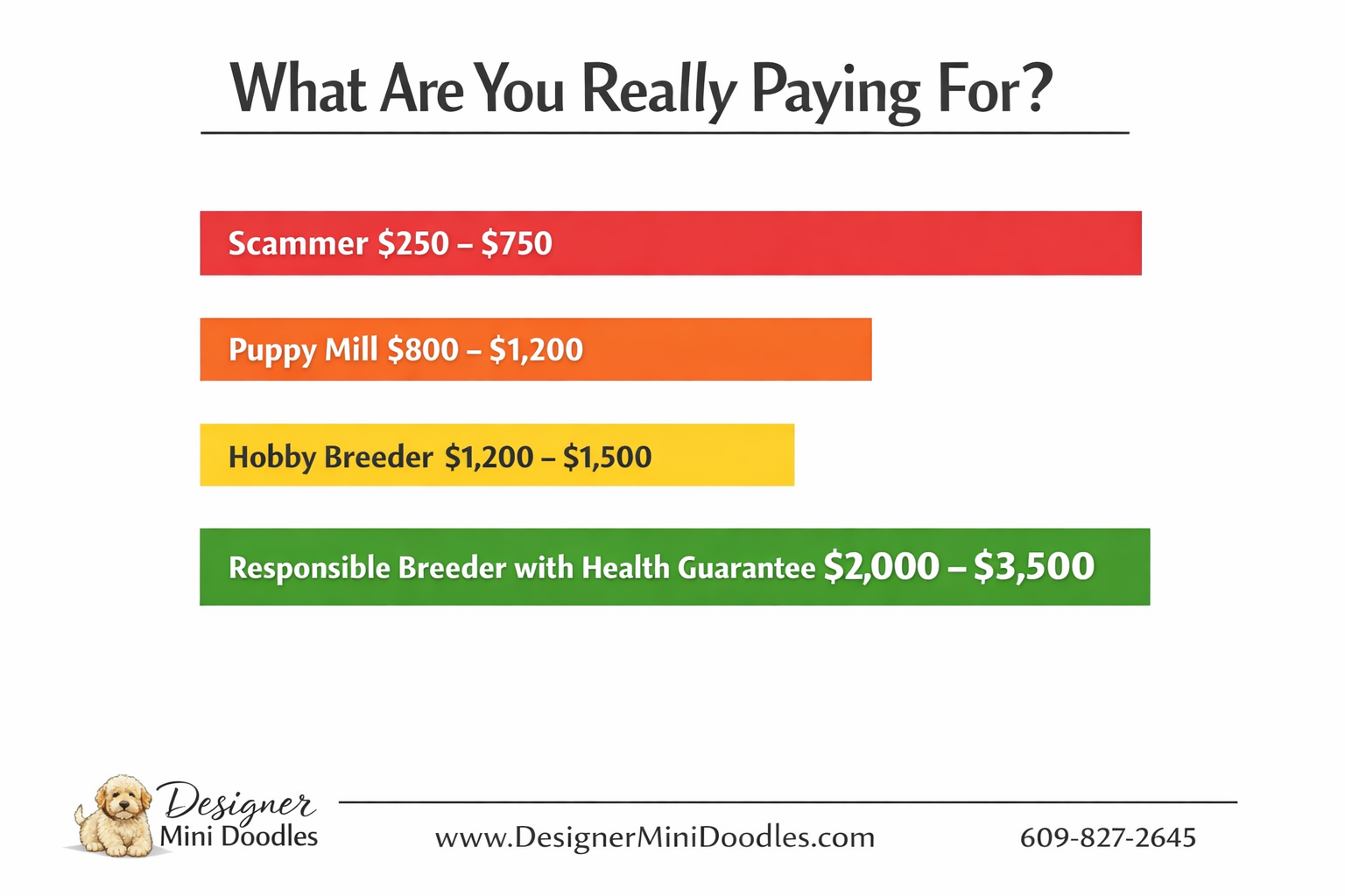 () price comparison bar chart infographic with four clearly labeled bars: Scammer $250-$750 (red bar), Puppy Mill