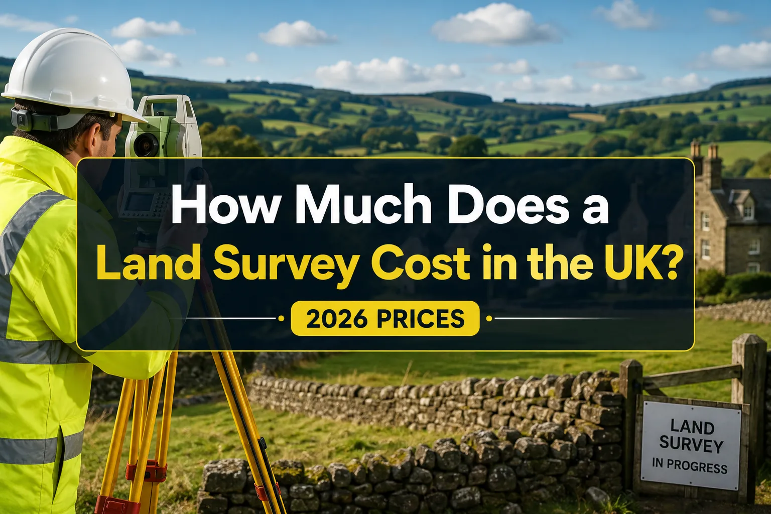 A reading "How Much Does a Land Survey Cost in the…". CRITICAL TYPOGRAPHY RULES: render the text on 1–2 lines, centered,