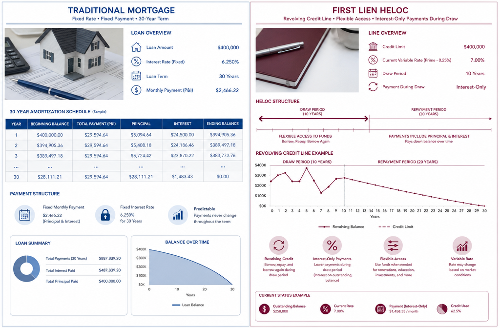 () split-screen infographic illustration showing a traditional mortgage document on the left side (blue tones, fixed monthly
