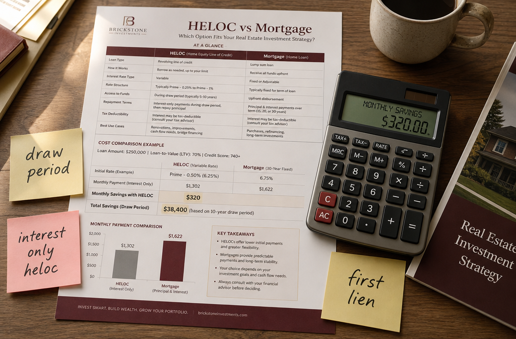 () overhead flat-lay photograph of a real estate investor's desk showing a printed HELOC vs mortgage comparison chart, a