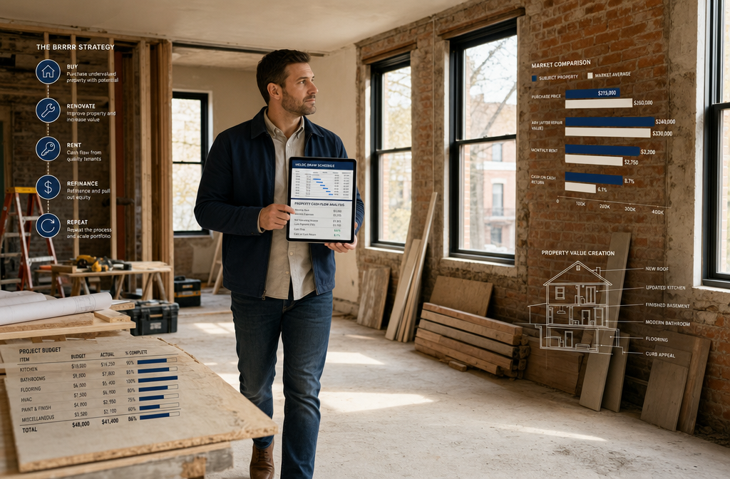 () wide-angle photograph of a real estate investor walking through a rental property under renovation, holding a tablet