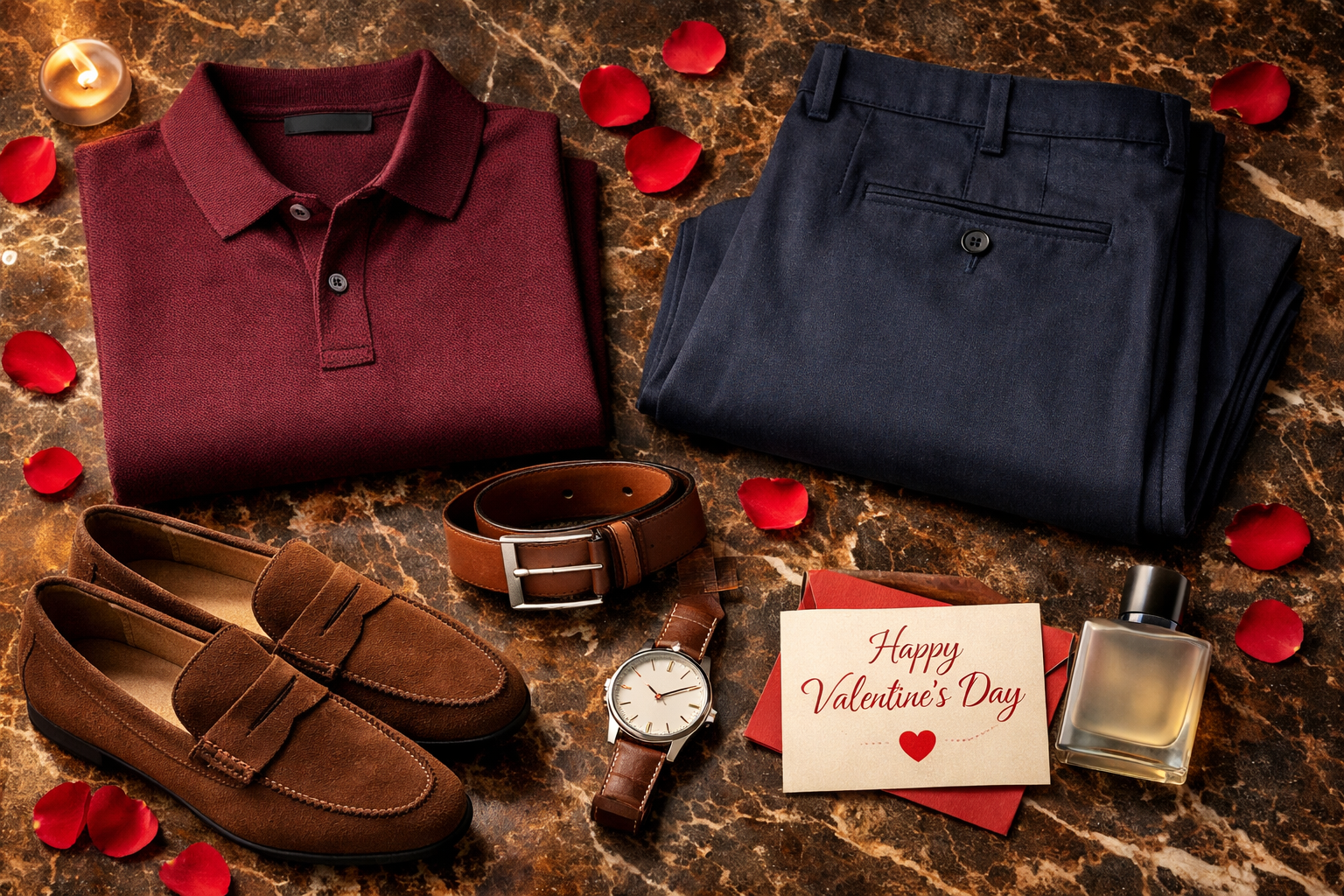 Detailed landscape format (1536x1024) image showing elegant flat lay arrangement of premium smart casual Valentine's outfit essentials for I