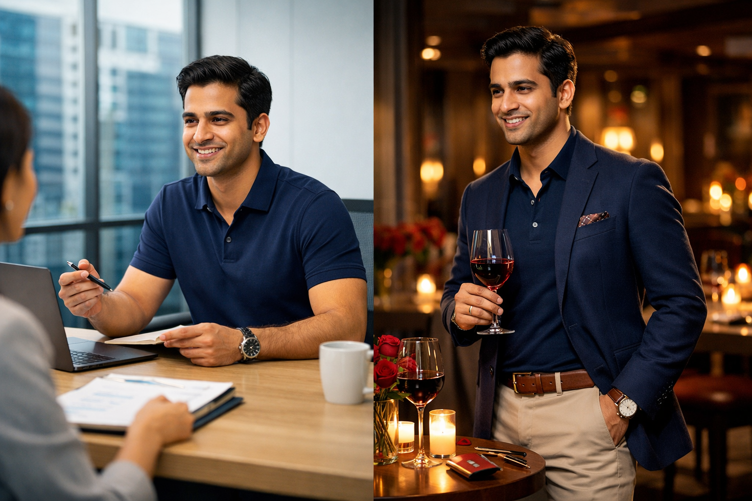 Professional landscape format (1536x1024) image showcasing modern Indian professional transitioning from day to evening Valentine's look. Sp