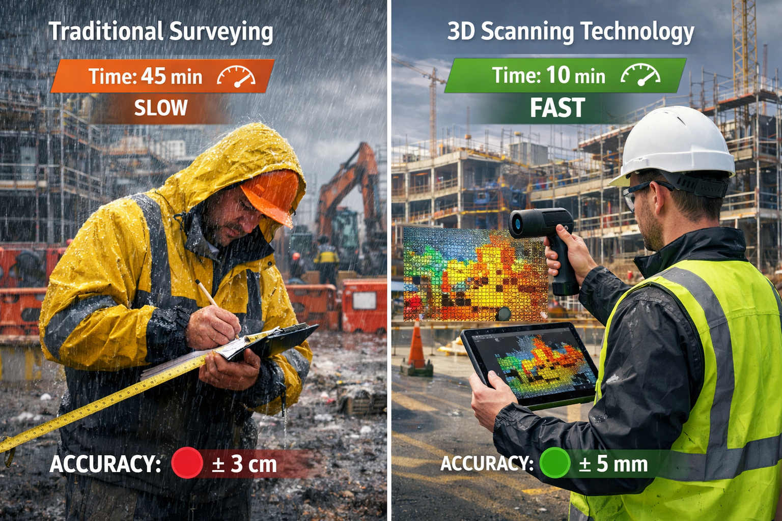 Landscape format (1536x1024) editorial image showing comparison split-screen: left side depicts traditional surveyor with measuring tape and