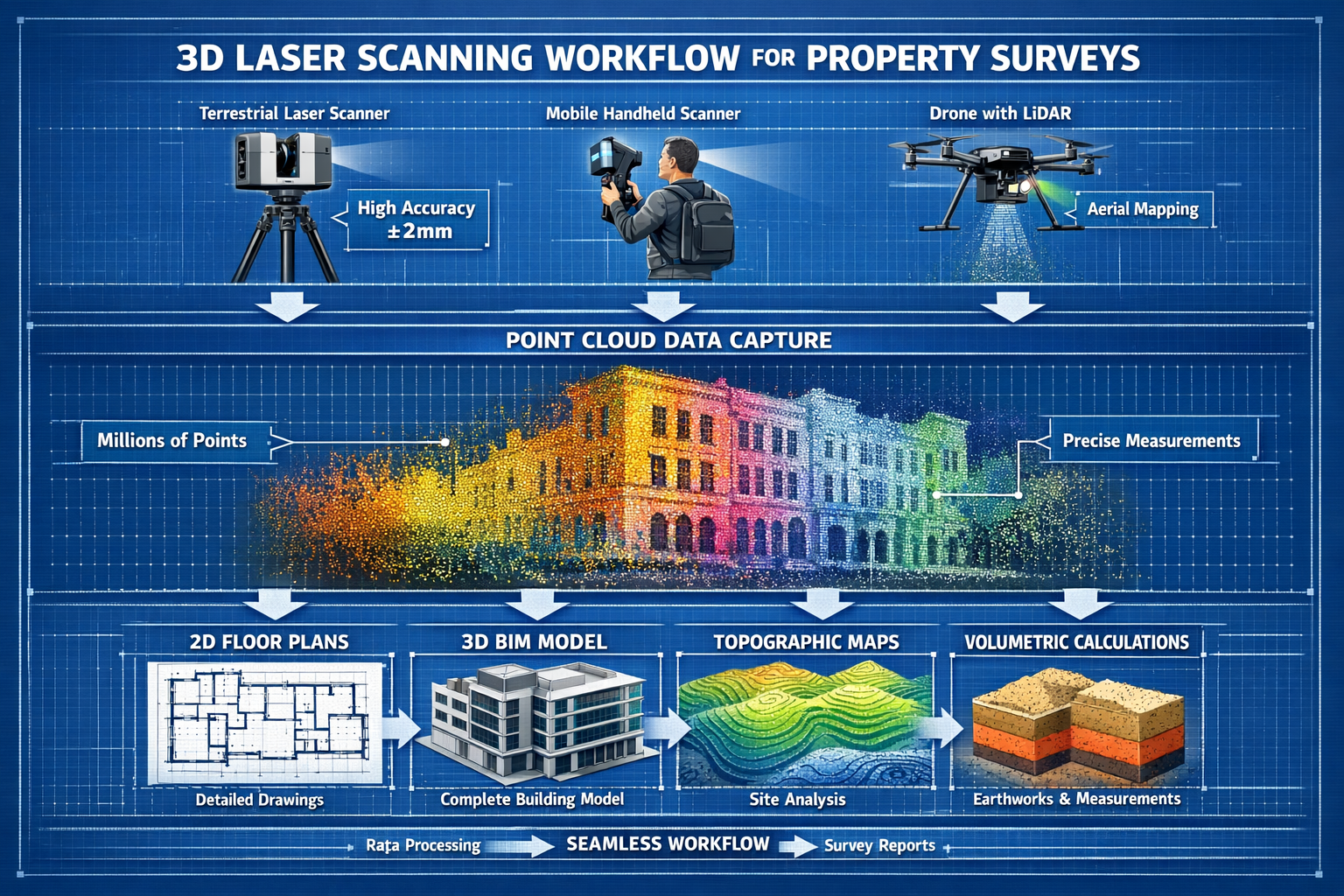 Landscape format (1536x1024) detailed infographic illustration showing complete 3D laser scanning workflow for property surveys: top section