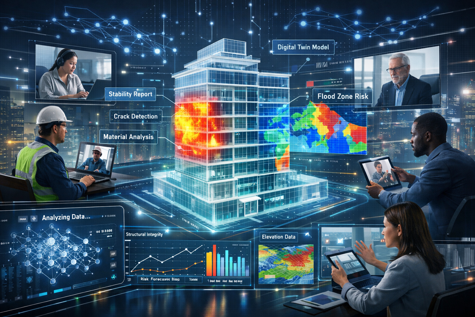 Landscape format (1536x1024) conceptual image depicting future of property surveying with AI integration: central focus on transparent holog