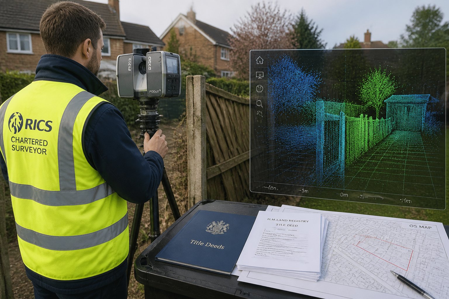 Detailed () showing a RICS-accredited chartered surveyor in hi-vis vest operating a tripod-mounted 3D laser scanner at a
