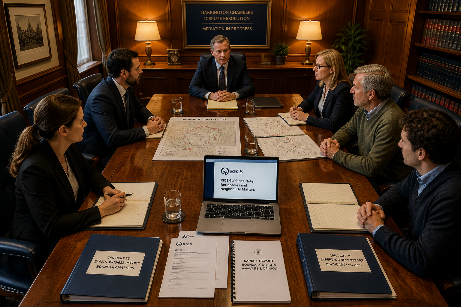 Detailed () showing a formal mediation table scene viewed from above at a 45-degree angle: two sets of legal professionals