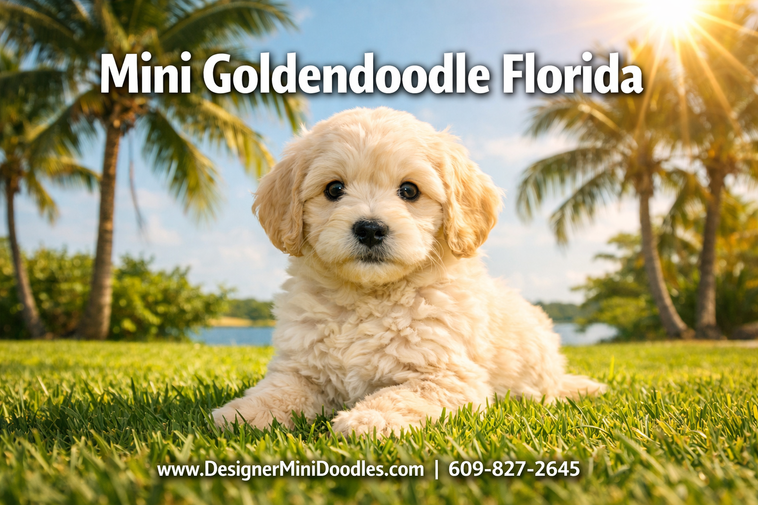 Professional () hero image featuring 'Mini Goldendoodle Florida' in extra large white with dark effect, centered in upper