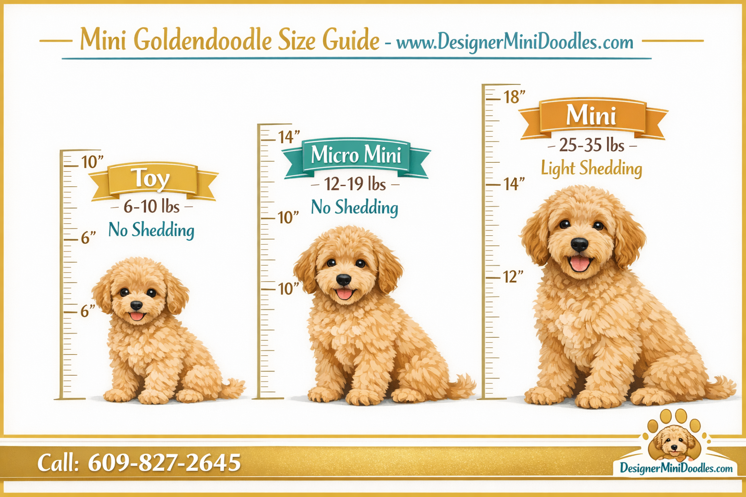 Detailed () image showing a size comparison chart for mini goldendoodle puppies with three cute goldendoodle illustrations