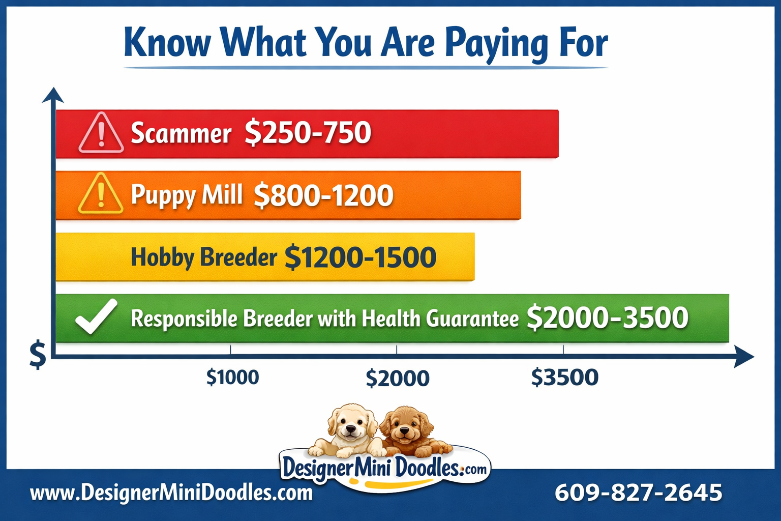 Detailed () image showing a price comparison bar graph for goldendoodle puppies with four horizontal bars: 'Scammer