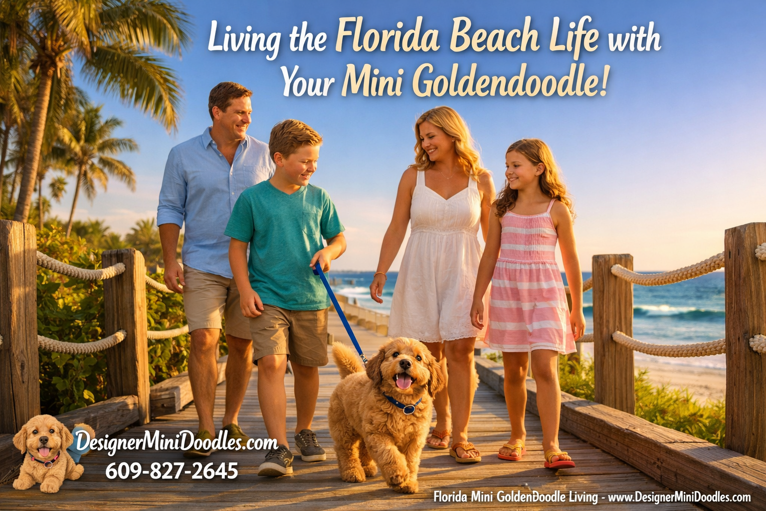 Detailed () image showing a happy family walking a small apricot mini goldendoodle puppy along a sunny Florida beach
