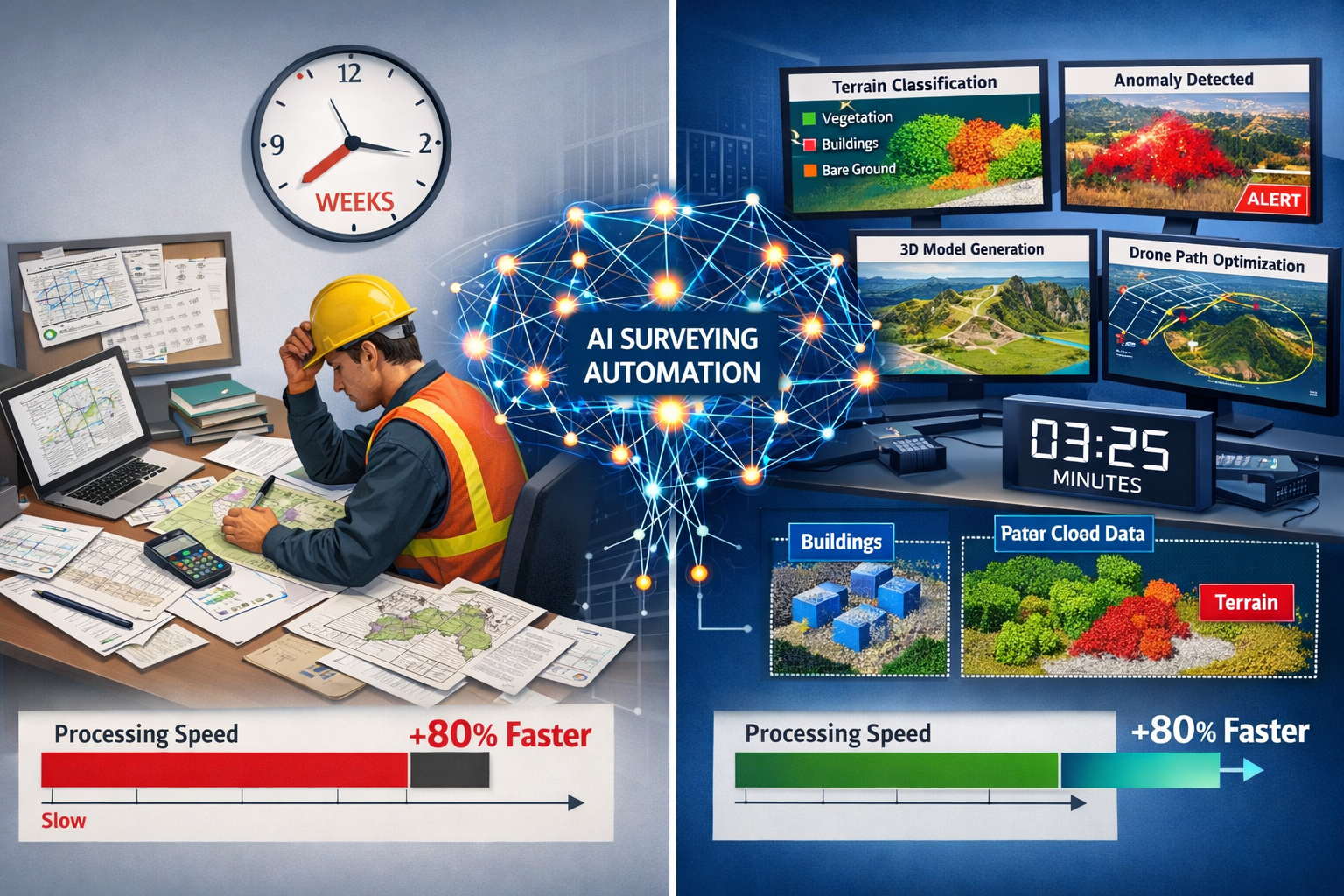Landscape format (1536x1024) detailed illustration showing AI-powered surveying workflow automation in action. Split-screen composition: lef