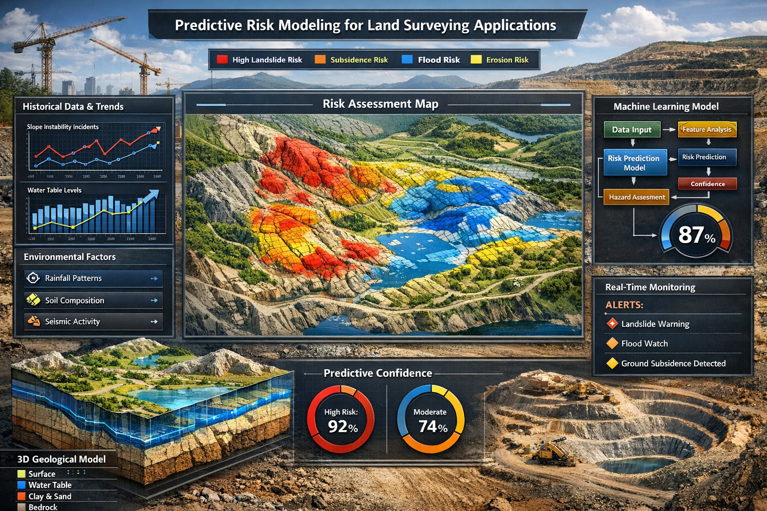 Landscape format (1536x1024) comprehensive predictive risk modeling visualization for land surveying applications. Central focus on large to